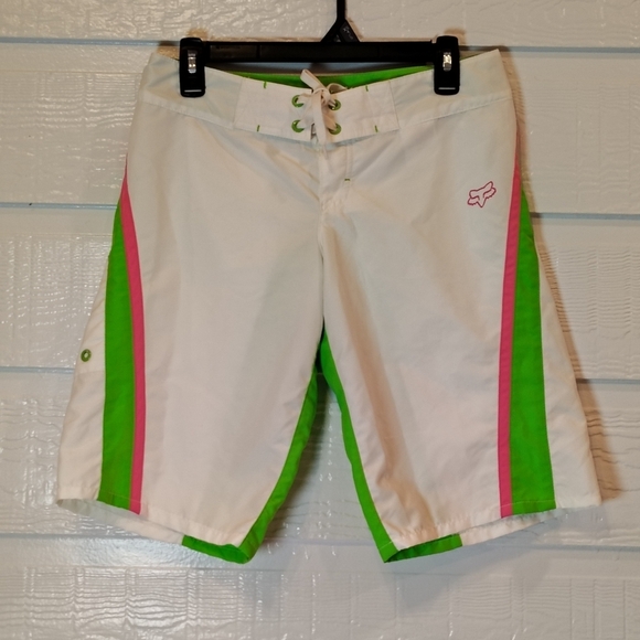 Fox Pants - Y2K FOX racing Women’s Board Shorts Sz 3 White/Green/Pink Drawstring Vintage